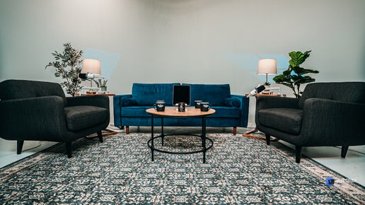 White wall podcast studio set at Blue Couch Studio in Tulsa