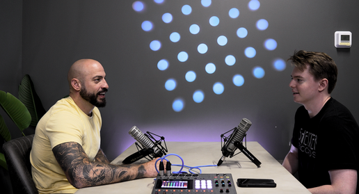 Table top podcast recording set with microphones at Blue Couch Studio